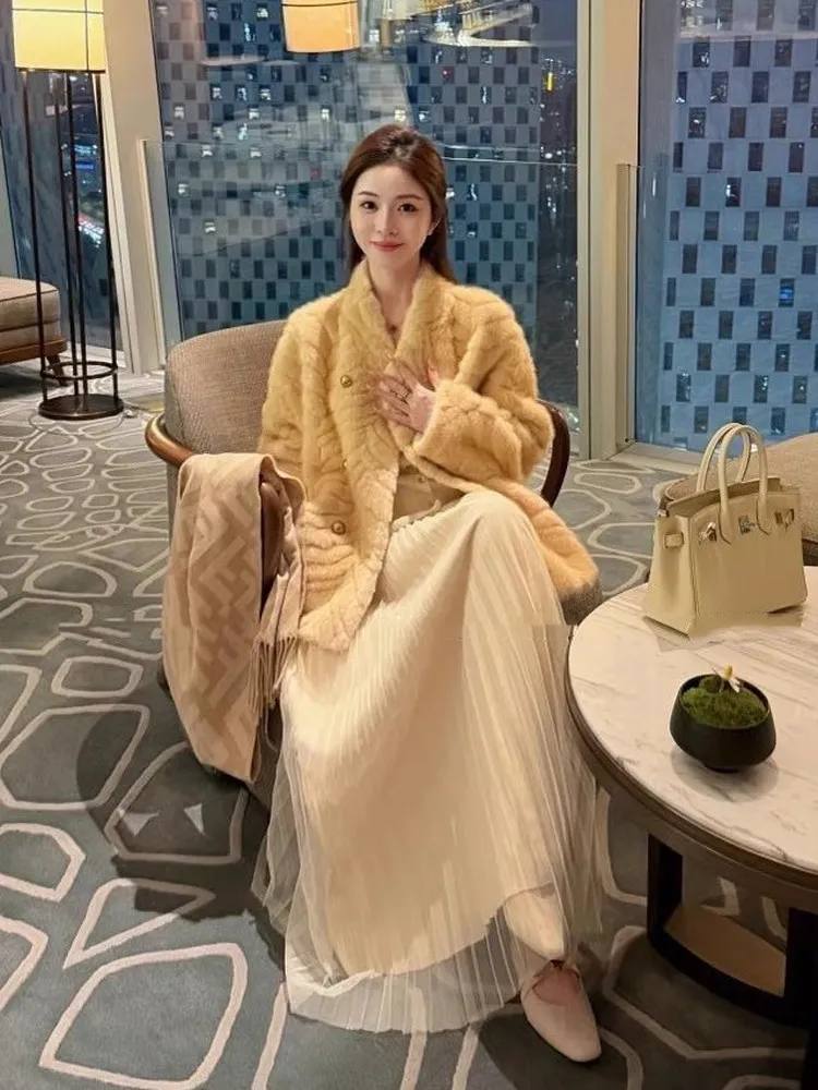 

Женское пальто Ele Gold Le Mink из кожи и меха, роскошная верхняя одежда, комфортное и теплое, с длинными рукавами, V-образный вырез