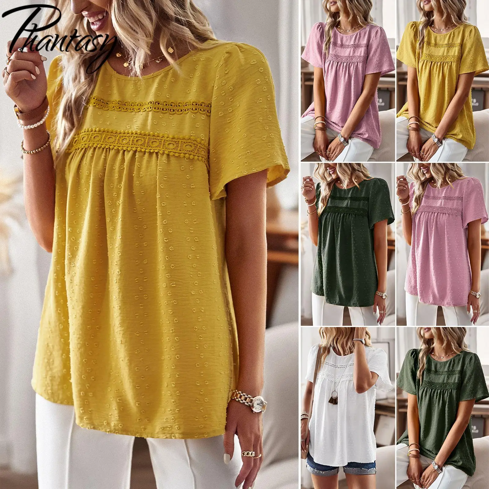

Phantasy Women's Solid Color Tops Round Neck Lace Trim Short Sleeve Loose Fit Top Temperament Commuting Casual Pullover Summer