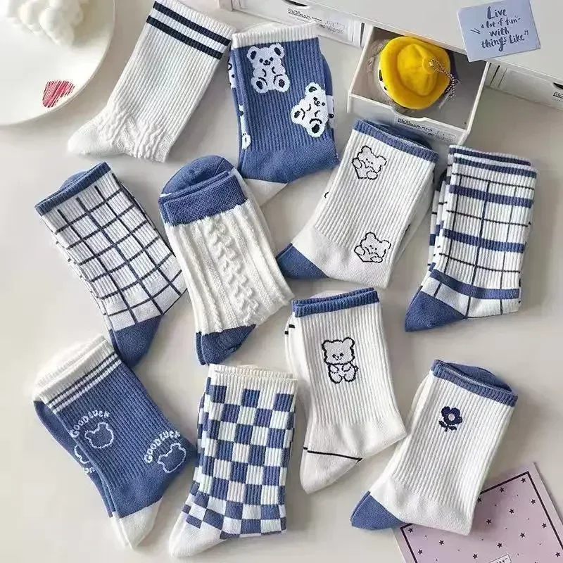 Kawaii Women's Socks Warm Socks in Autumn and Winter Blue Socks Students High-top Striped Checkered Sports Stockings