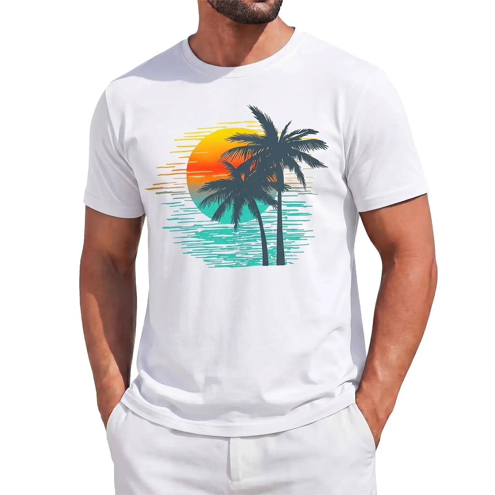 Runcati Herren Palmen-T-Shirt Rundhals Sommer Strand Casual Hawaiianisch Vintage Gewaschen Dehnbar Bequem Modisch