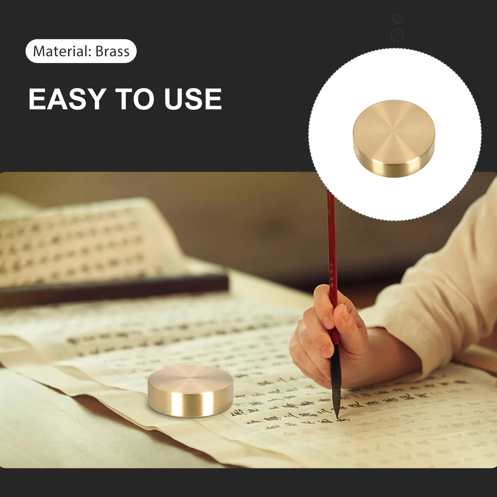 

Brass Round Calligraphy Paperweight Smooth Solid Exquisite Painting Office Hold-Down Tool for Chinese Drawing Kanji Art