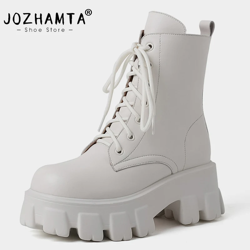 JOZHAMTA Size 34-43 Ankle Boots For Women Genuine Leather Lace-Up Platform Shoes Woman Winter 2023 Ins Fashion High Heel Booties