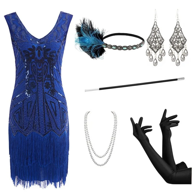 Ręcznie tkana suknia z frędzlami i cekinami w stylu vintage z lat 920, inspirowana filmami, średniej długości, z wysokim stanem, wykonana z poliestru, bez marki.