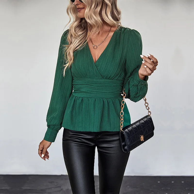 

Design Inspired Top Women's Shirt 2024 New Autumn Cross V-neck Cinched Waist Elegant And Fashionable Lantern Sleeves 2024 Ladies