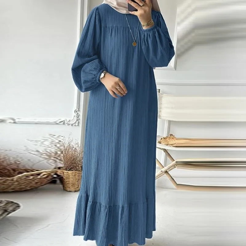 Robe Abayat Musulmane à Manches sulfpour Femme, Tenue Vintage, Couleur Unie, Ourlet à Volants, 2024