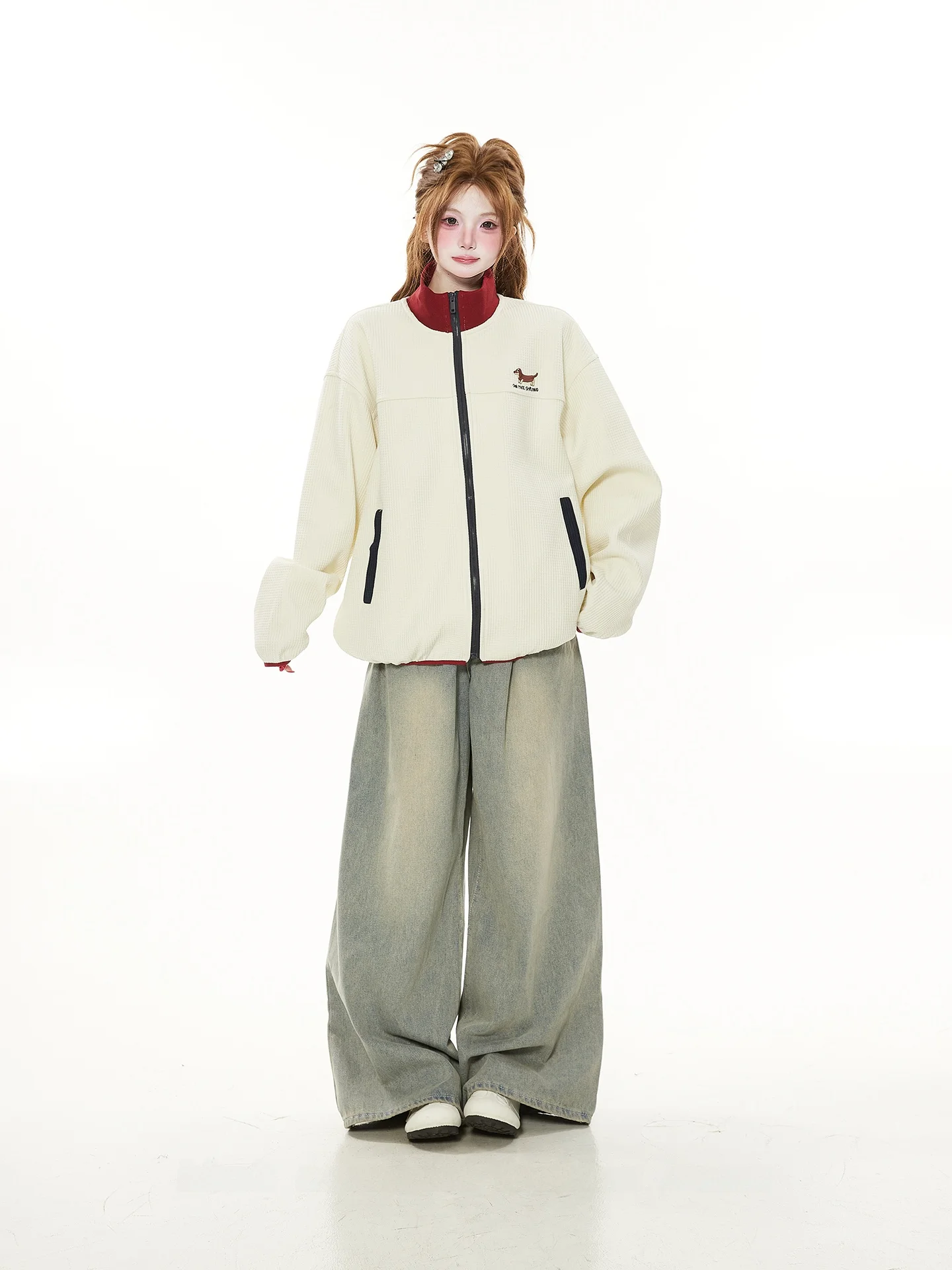 

Casual American Sle Zipper Loose Women's Jaet Spring Autumn High Sensation Stand Collar Open Cardigan for Couples