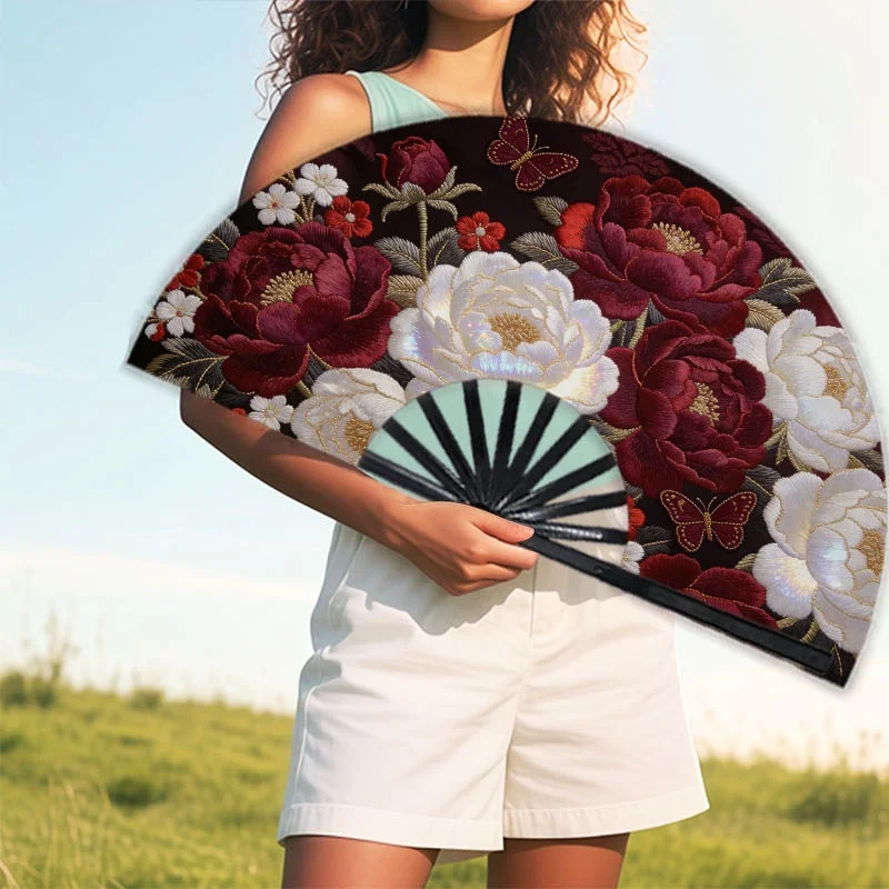 1pc Men's Handheld Fan with Ornate Embroidery - Dark Red with Floral & Butterfly Design, Portable Cooling Fan Suitable for Daily Use, Outdoor, Travel & Special Events - Elegant Cooling Fan for Hot Weather