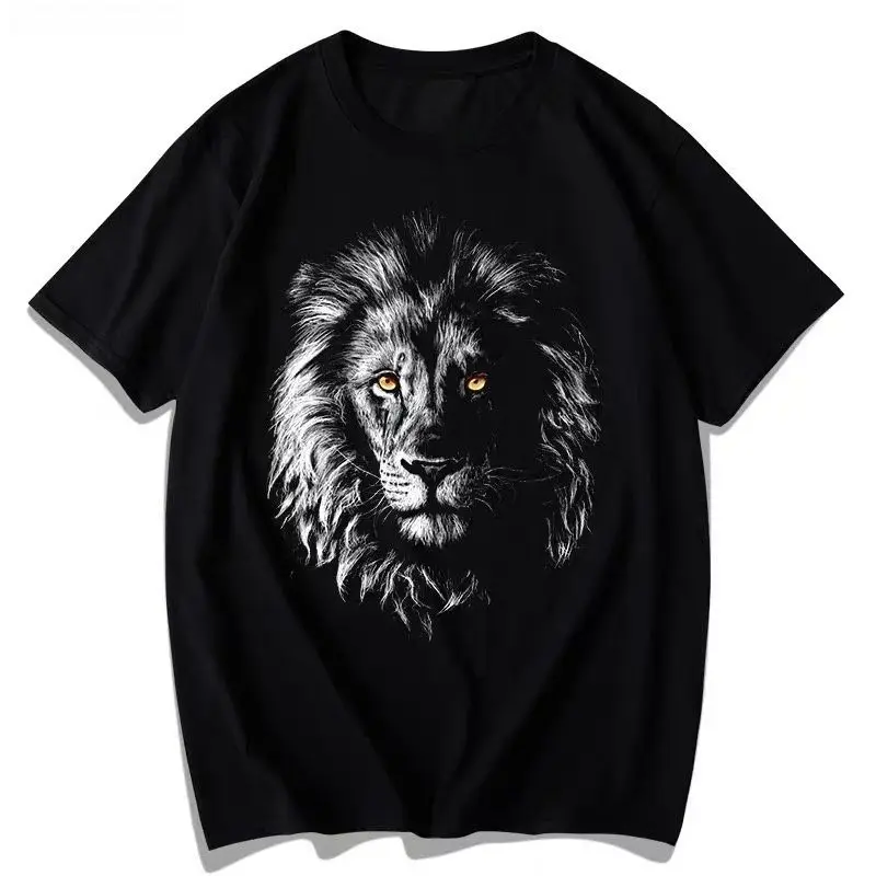 AliExpress New Funny Dark Lion Head Shadow Print Short Sleeve T-Shirts Premium Cotton Casual Plus Size Tops for Men and Women