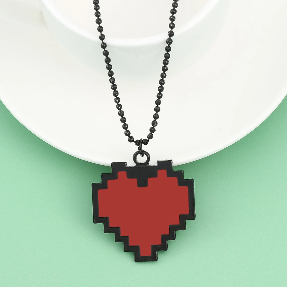 Pixel Heart Couple Necklace Hollow Heart Shape Chain Pendant Necklace for Women Men Couple Love Necklace Jewelry