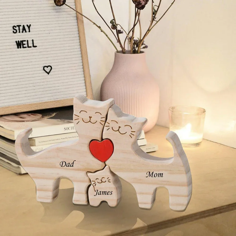 Пазл для семьи с изображением кота на заказ, персонализированный с 2-6 именами, деревянная тележка премиум-класса, трендовый праздничный подарок для рождественской семьи