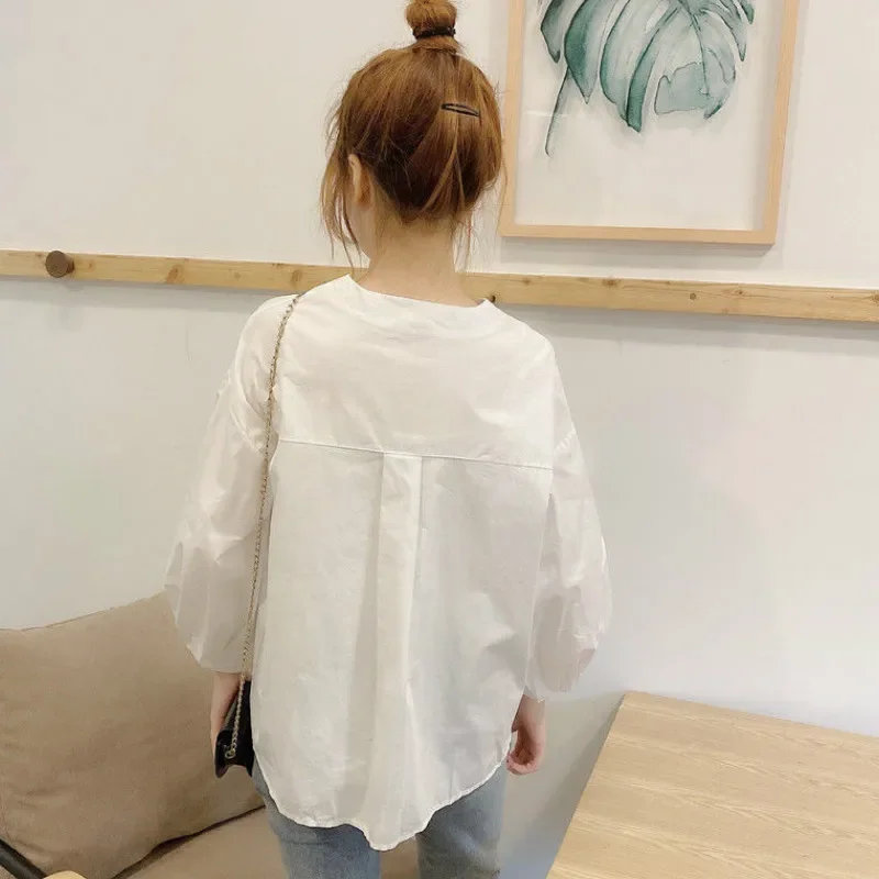 Women Shirts Autumn New O-neck Lantern Sleeve Single Breasted Korean Style Girls Sweet Leisure Simple Clothing Tops Blouses Chic