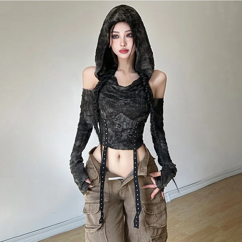 

Women Retro Distressed Hooded T-shirts High Street Full Sleeve Off Shoulder Tees Summer Casual Cool Sexy Slim Short Top