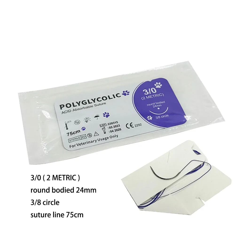 12pcs Absorbable Suture Thread Pet Dog Specific PGA 75CM 90CM  CircleWith Needle 2/0 3/0 Teaching Demonstrations Exercises Use