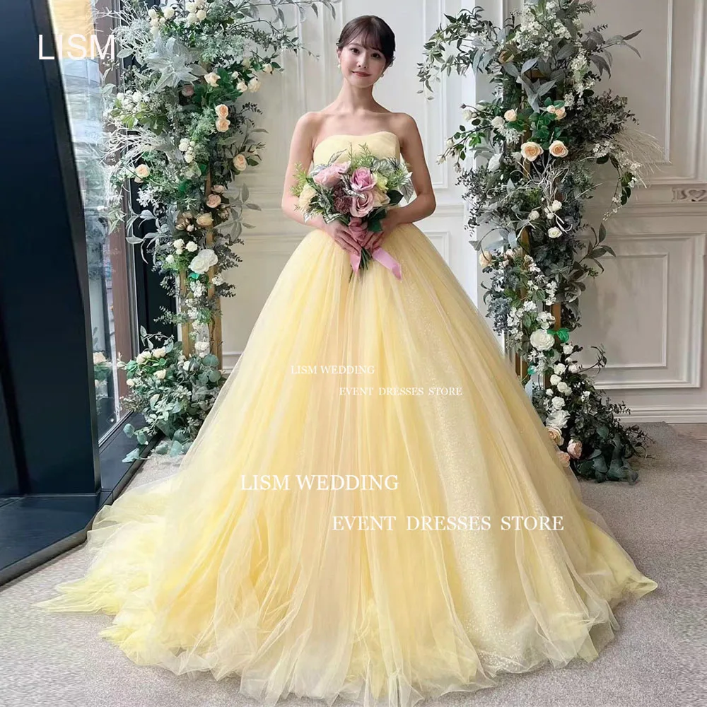 

LISM Strapless Yellow A Line Evening Party Dresses Photo Shoot Fairy Tulle Puffy Prom Gown High Slit robes de soirée Custom Made