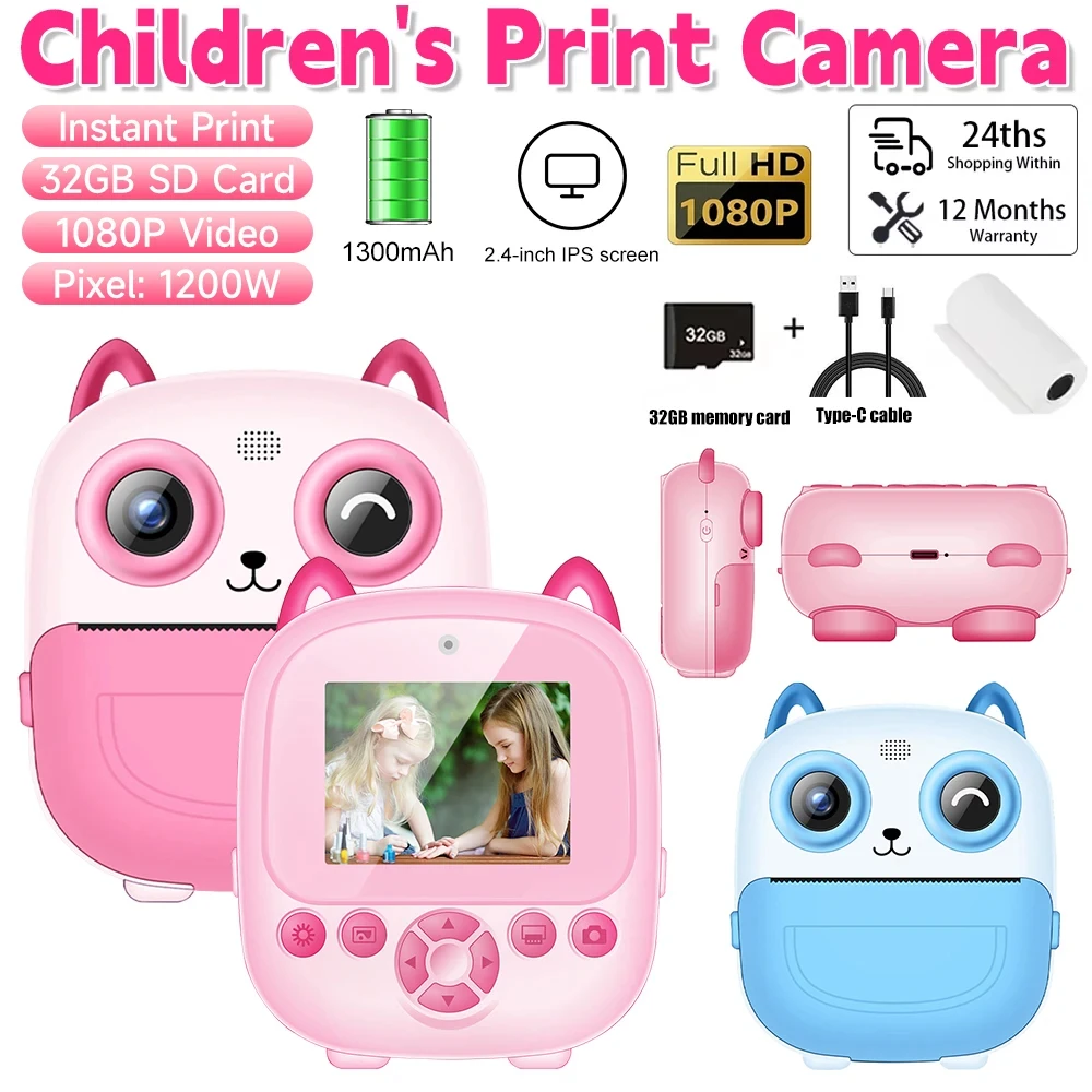 Children Digital Camera Instant Print for Kids Thermal Print Camera Instant Photo Printing Camera Video Toys+32G Memory Card
