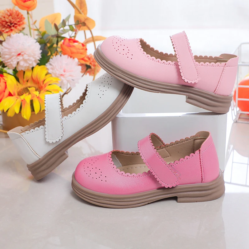 2023 New Soft Girls Casual Shoes Lace Solid Color Non-slip Kids Fashion Leather Shoes Non-slip Children Shallow Loafer Round-toe