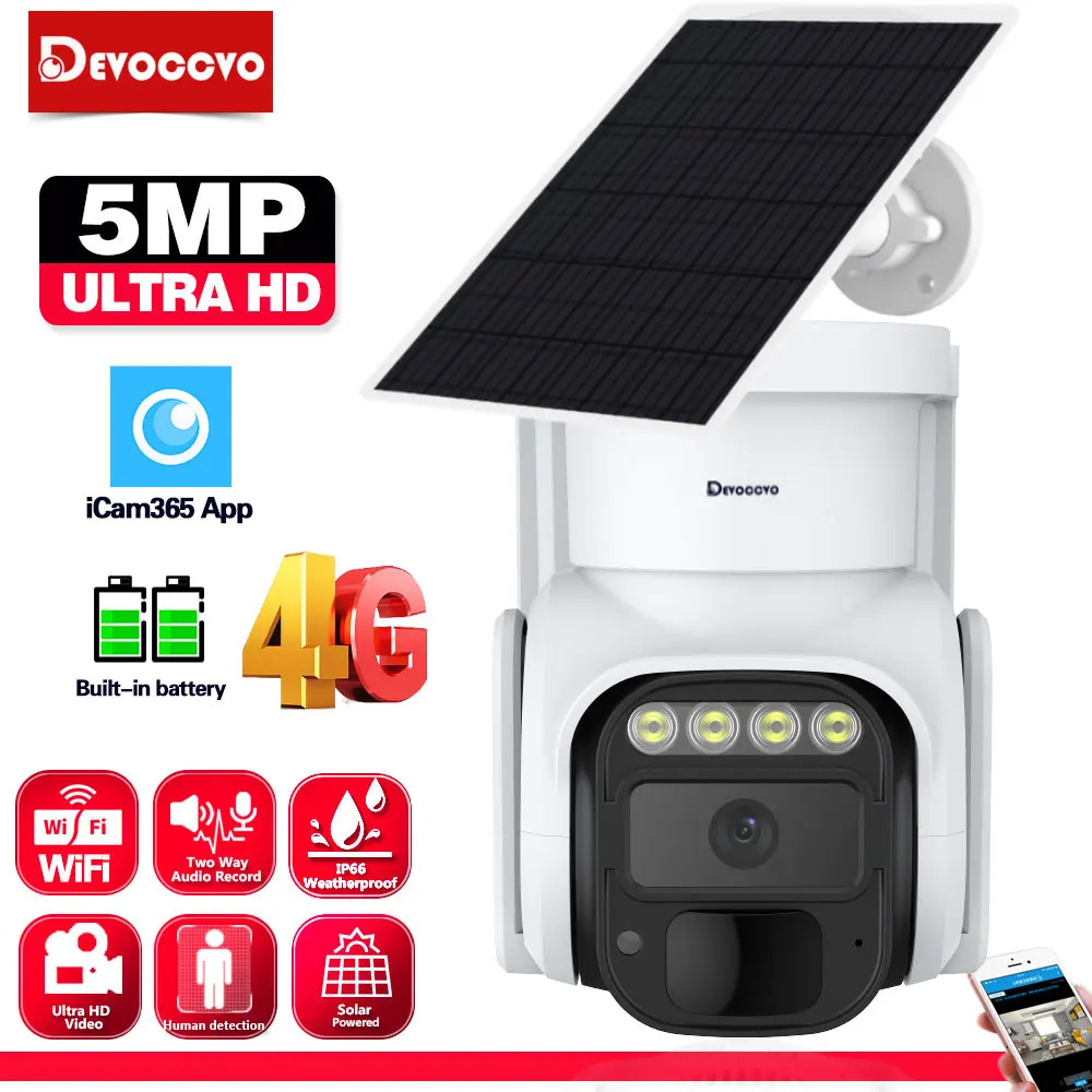 5MP HD Solar Power Energy 4G Sim Card Wireless Camera PIR Detection Two Way Audio Rechargeable Battery 4G PTZ Security Camera