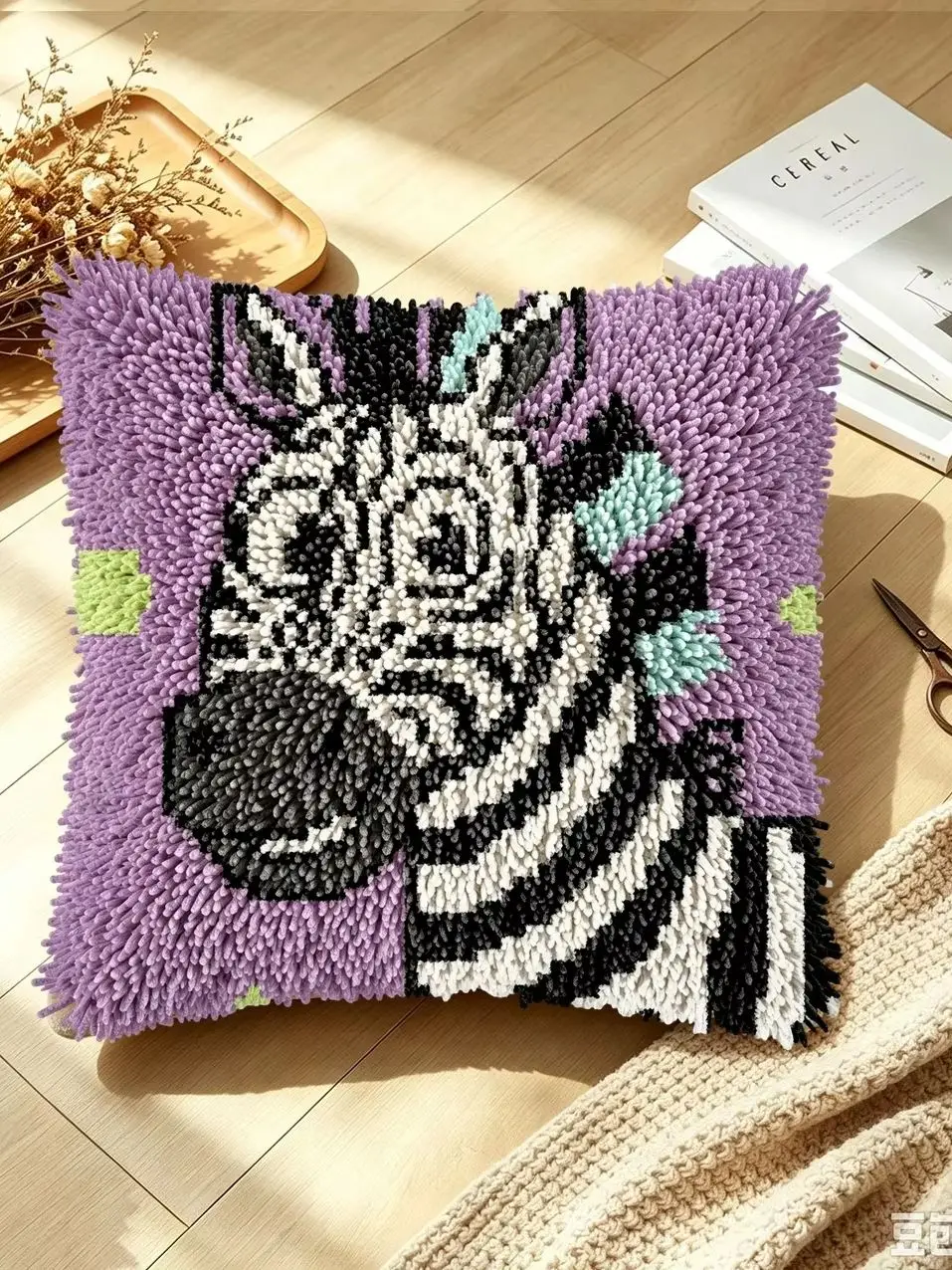 1 Set Zebra-Kopf-Knoten-Kissen-Set mit Häkelnadeln, Kissenbezug-Set für Handarbeiten, Häkelnadel-Sets, DIY, anfängerfreundlich zum Sticken – Detail 1