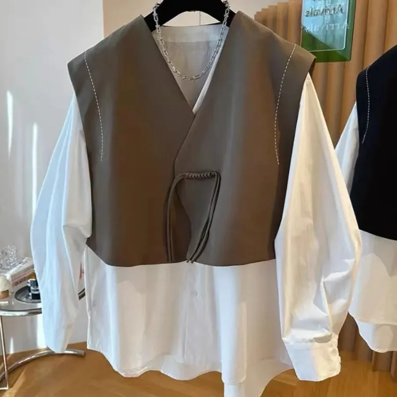 

Loose Casual Buckle Suit Vest Patchwork Shirt Women's Fake Two-piece Top