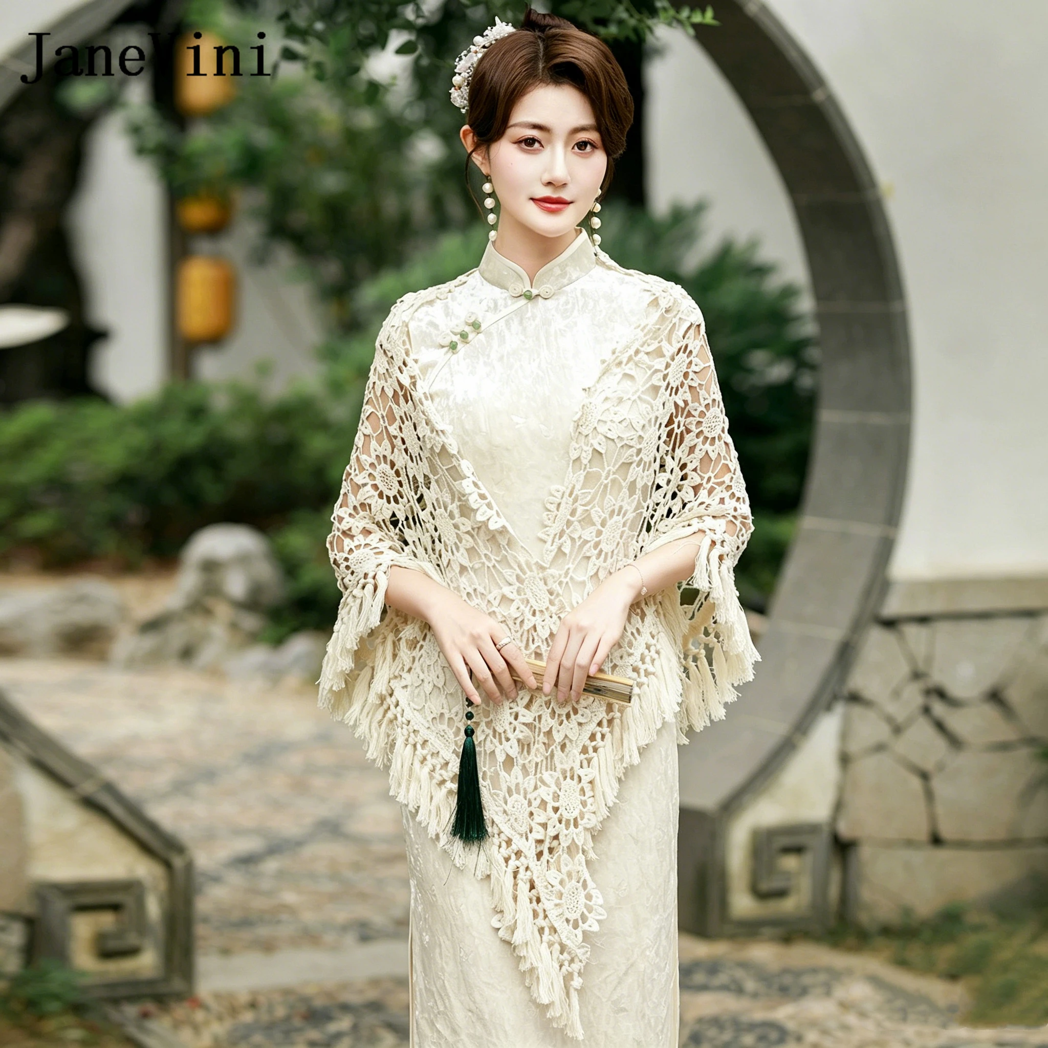

JaneVini Spring Summer Lace Women Formal Shawl Wraps Bridal Bolero Dames Evening Party Wedding Capes Tassel Shrugs Stole Elegant