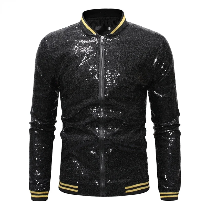 

Mens Black Sequin Varsity Jackets and Coats New Shinny Glitter Nightclub Disco DJ Prom Jacket Bomber Male