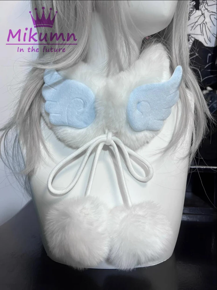 Mikumn Harajuku Angel Wings Plush Faux Rabbit Fur Scarf Women Winter Warm Lace-Up Neck Wrap Scarves Kawaii Chic Streetwear