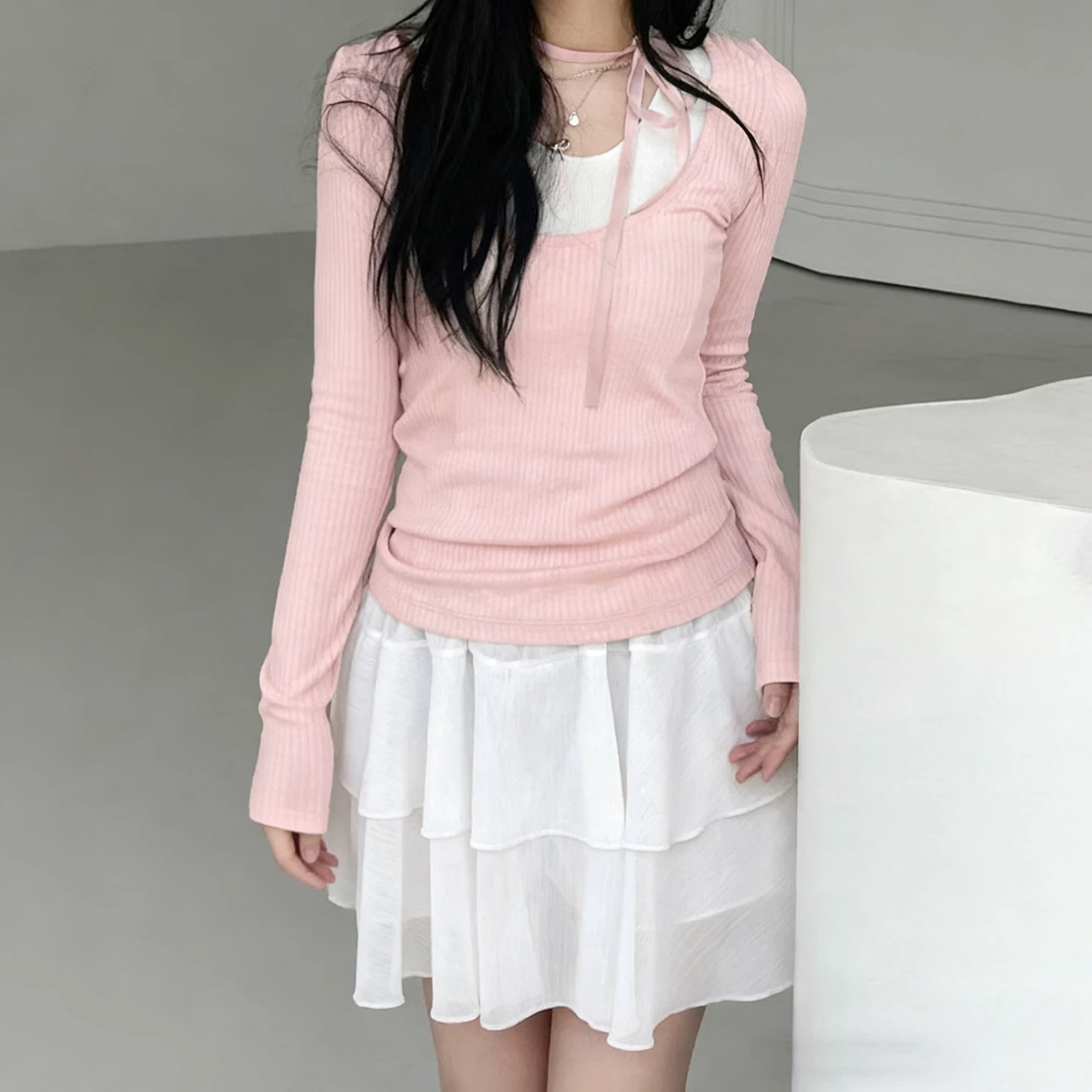 

Sweet Bandage Patchwork Layered-Look T-Shirt Slim O-Neck Long Sleeve Tees Women 2025 Autumn Spring Fashion Streetwear Ladies