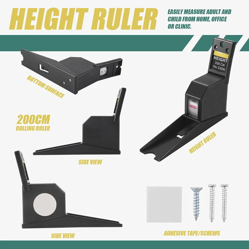 New 200Cm Stadiometer Black Wall Mounted Height Meter Growth Ruler Cm Metric Tape Measures