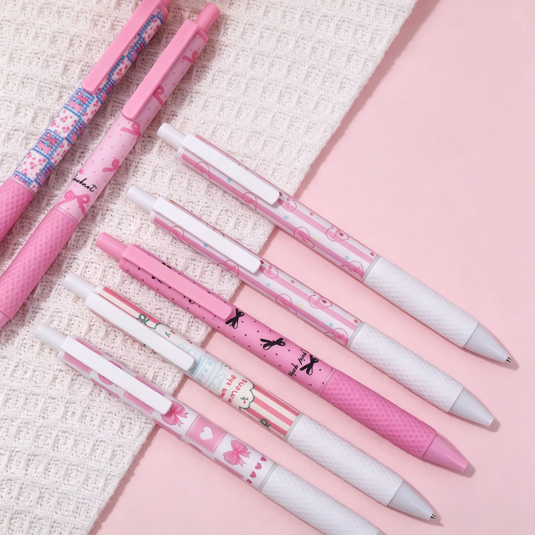 6Pcs Retractable Gel Pens 0.5mm Black Quick Dry Ink Smooth Writing Soft Rubber Grip Pink Bowknot Student Office Stationery Gift