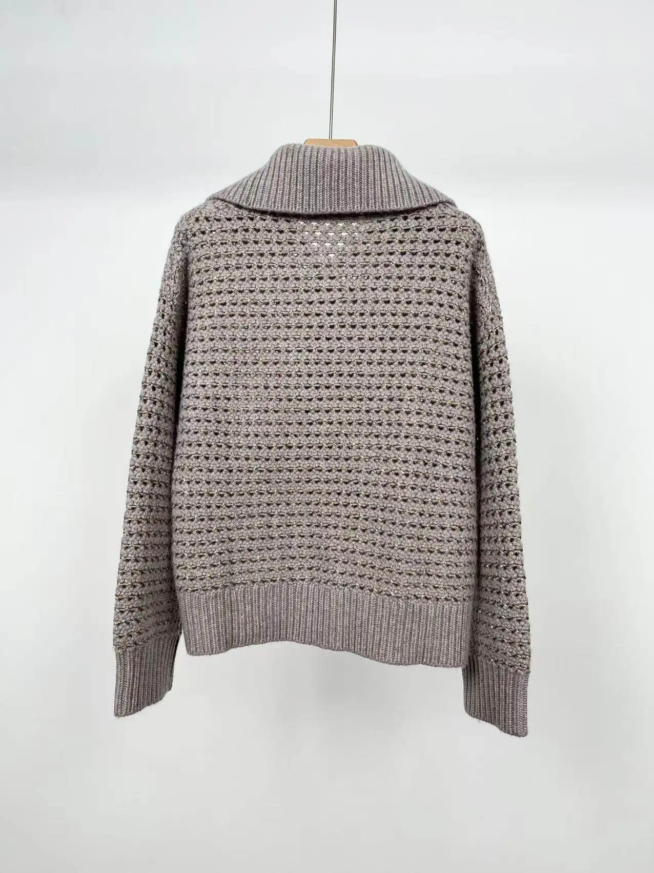 Women's Autumn Winter High-end Lapel Sequin Hollowed Out Pure Cashmere Knitted Cardigan Sweater