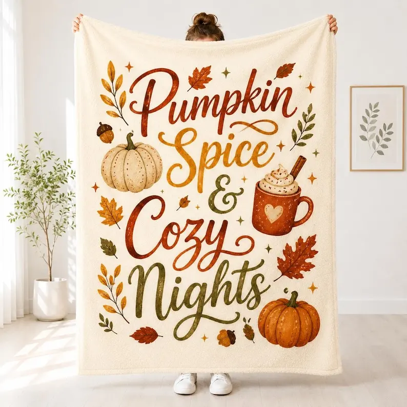 Pumpkin Spice & Cozy Nights Blanket, Fall Throw Blanket, Autumn Pumpkin Decor Blanket, , Cozy Cottage Blanket, Soft Fleece Blanket