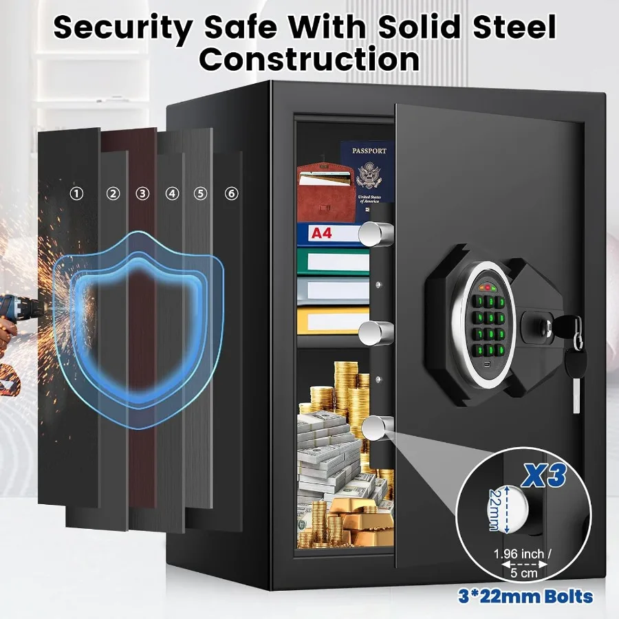 Large Home Safe Box Fireproof Waterproof with A4 Fireproof Bag and Backlit Keypad 2.4 Cu Ft Antitheft Fireproof Safe with Remov