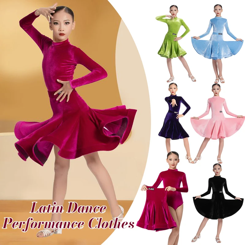 

Girls Latin Dance Dress Velvet Ballroom Dance Tops Skirt Set Kids Rumba Cha Cha Samba Tango Practice Stage Performance Costume