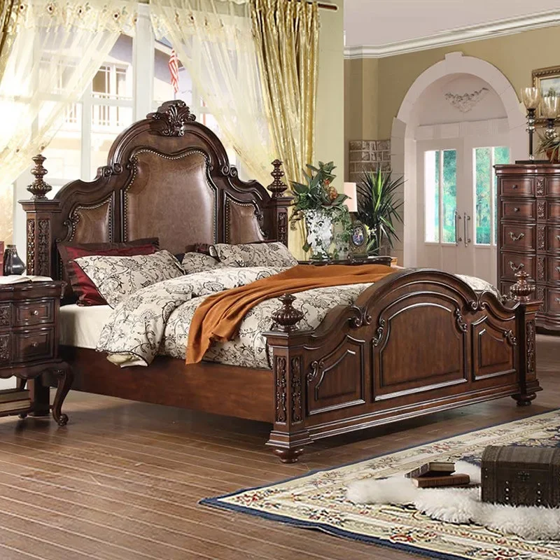 #American solid wood leather double 1.8 meters master bedroom carved European bed pillar wedding  retro leather ar