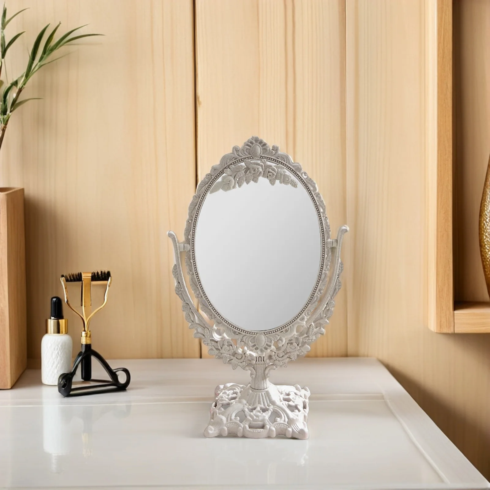 1 pçs espelho de alívio estilo retro tamanho compacto para uso desktop espelho de superfície lisa clara rotativa de 360 graus