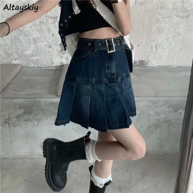 

S-4XL Vintage Denim Pleated Skirts Women High Waist Korean College Y2k Girls Mini Skirt Hot Streetwear Faldas Mujer New Stylish