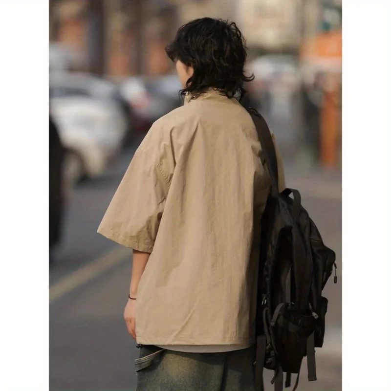 Oversized Beige Short Sleeve Shirt Stand Collar Zipper Design Casual Japanese Style Sun Protection Loose Fit Unisex Fashion Top