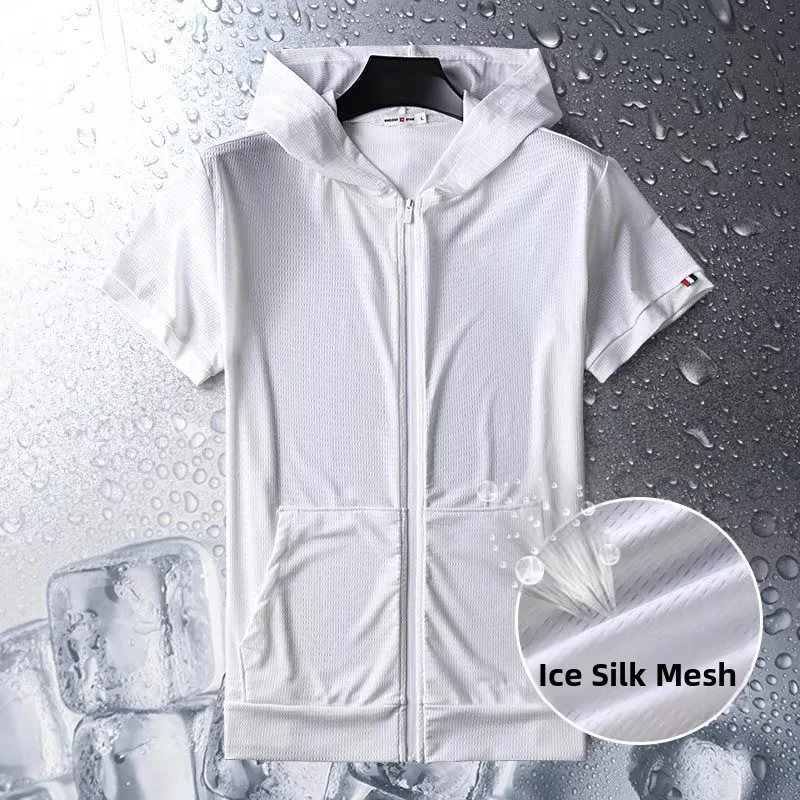 Summer Thin Ice Silk Hooded T-irt Men's f Sve Zipper Loose Open Cardigan ort Sve Me Sports Sweatirt Jaet T...