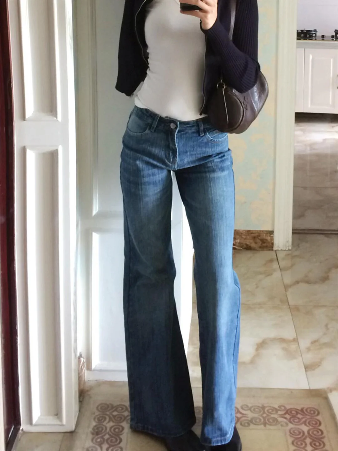 

American Style Floor-Length plus Size Women's Jeans Deep Blue Slimming Wide Leg Narrow Version Casual High Waist Straight Leg