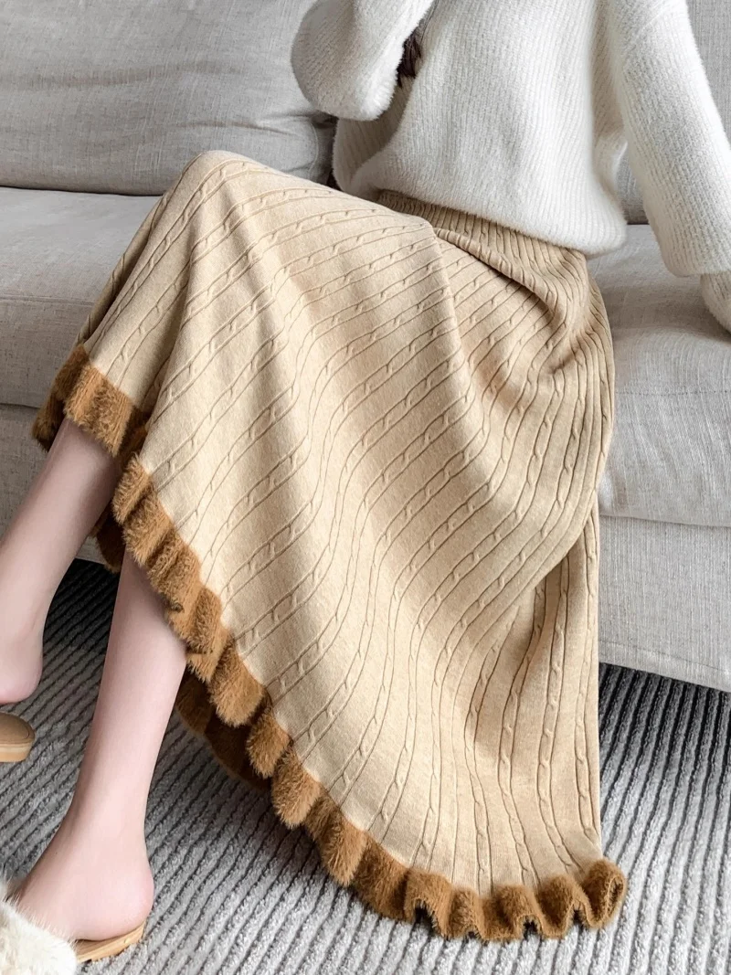 

Knitted Jacquard Skirt Women's Autumn And Winter High Waist Fashion A-Line Twists Pleated Mid Length Skirt w1657