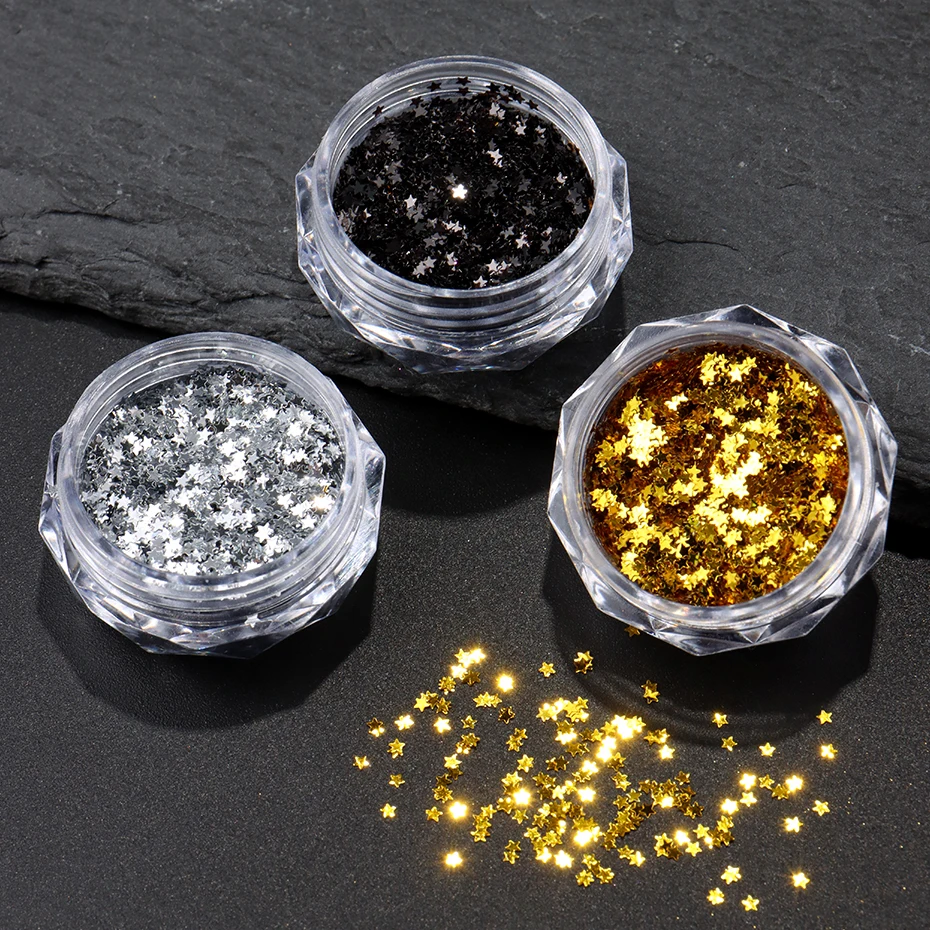 3 pezzi Y2K piccola stella glitter fiocchi per unghie dorato argentato nero piccolo mini pentagramma per unghie Seqiuns Kawaii coreano accessori per manicure