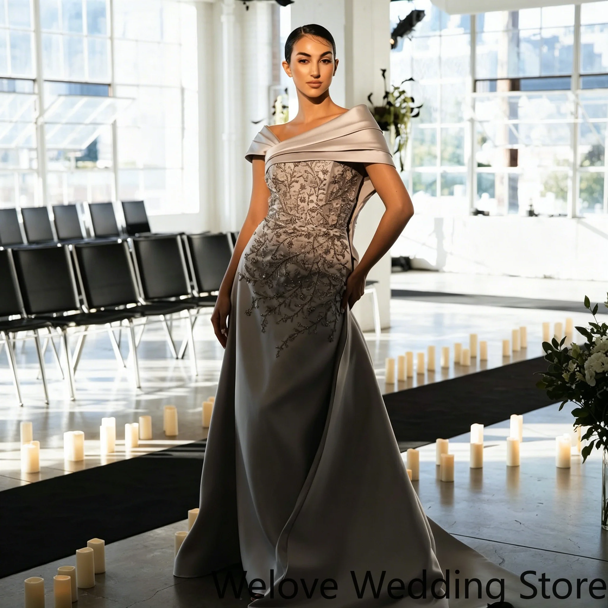 Luxury Champagne Evening Gown Featuring Asymmetric Draped Off-The-Shoulder Gradient Floral Lace Embroidery On Fitted Bodice