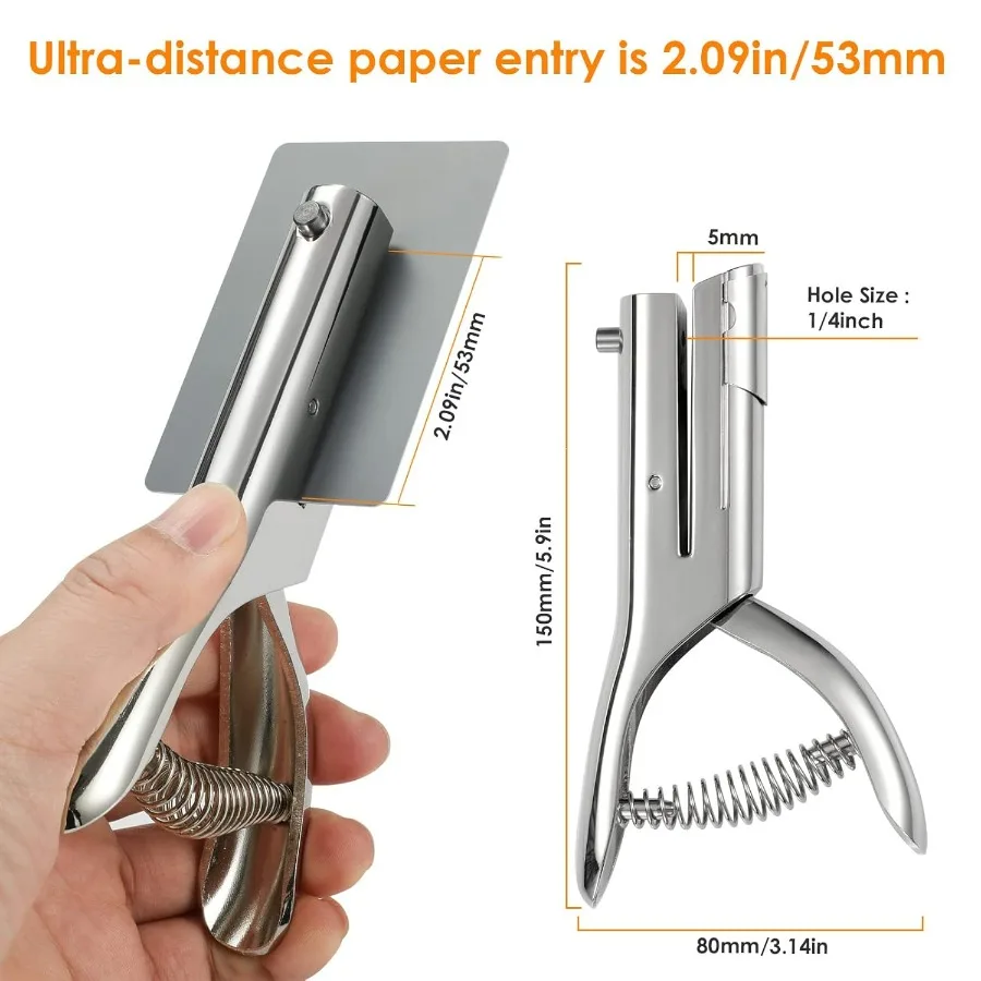 Heavy Duty Portable Hand Held Single Hole Punch with 2 Reach for Paper Cards Plastic Cardboard Documents Ideal for Office Schoo