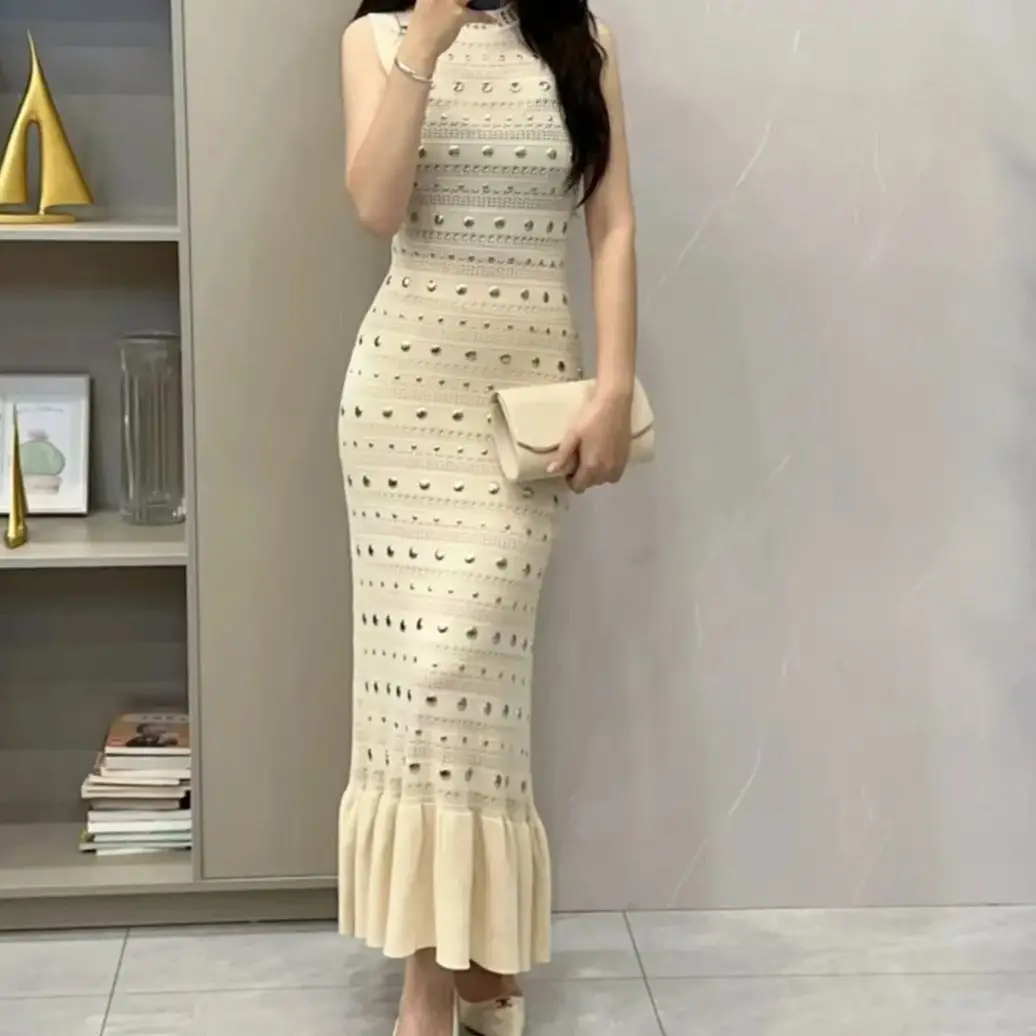 

Summer New Fashionable And Elegant Sleeveless Round Neck Studded Women's Knitted Versatile Slim Fit And Slimming Long Dress