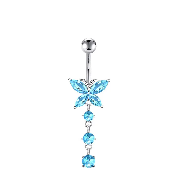 1PCS Blue Crystal Belly Button Rings Stainless Steel Heart Navel Piercing Barbell For Women Butterfly Belly Ring Beach Jewelry
