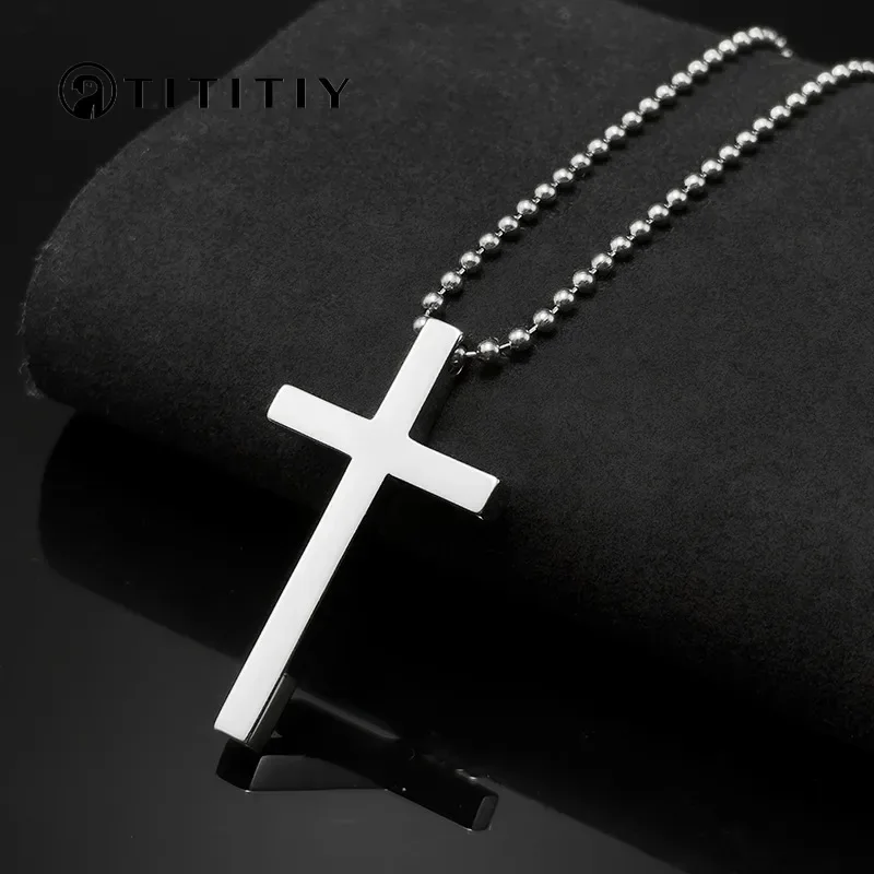 

New TA1 Pure Titanium Cross Pendant Bead Box Chain Necklace Handmade Jewelry Mirror Polished Titanium Crosses DIY Necklaces
