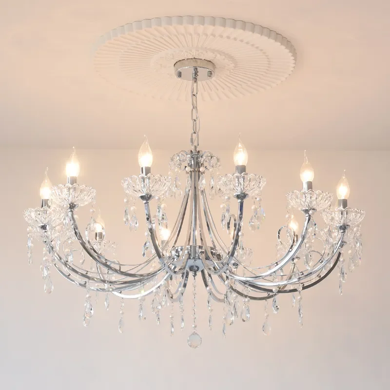for American Light Luxury Chandelier French Retro Wrought Iron Chrome Crystal Lamp for Living Room Bedroom Dining Room High