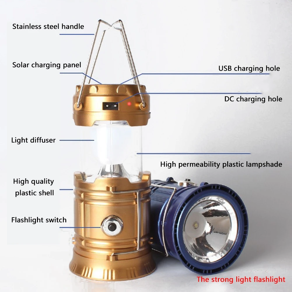 Lanterna solare LED portatile da campeggio luce USB ricaricabile torcia da lavoro impermeabile illuminazione esterna lampada pieghevole per tenda di emergenza