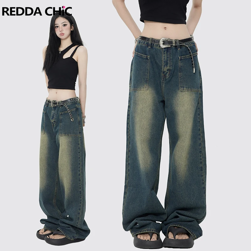 

REDDACHiC Women Y2k Distressed Baggy Jeans Vintage Blue Wash Low Waist Denim Pants Big Pockets Casual Boyfriend Style Trousers