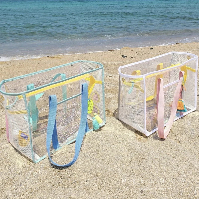 Semplice borsa da bagno in PVC Color crema borsa da spiaggia impermeabile trasparente di grande capacità borsa da spiaggia a spalla singola